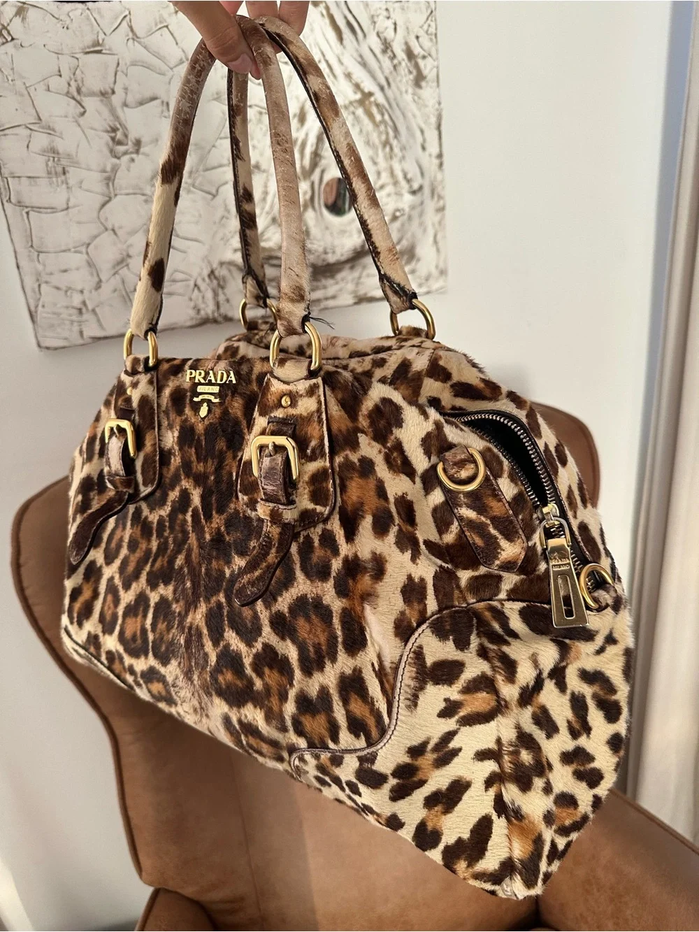 Prada Leopard-Print Calf Hair Satchel - Brown/Black/Beige bag / tote